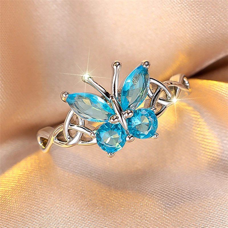 Luxury Female Aqua Blue Zircon Stone Butterfly Engagement Ring Silver Color Wedding Jewelry For Women