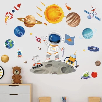 Autocollant Mural d'astronautes planétaires créatifs 3D, décoration de maison, dessin animé, chambre d'enfants, chambre à coucher, décalcomanie imprimée, Art Mural, affiche ciel, cadeau 1