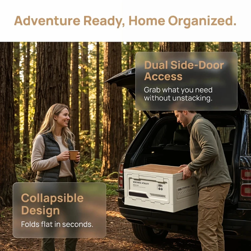 Folding Storage Box with Wooden Lid Car Trunk Organizer Multifunctional Box for Outdoor Camping Home Daily Storage - 4
