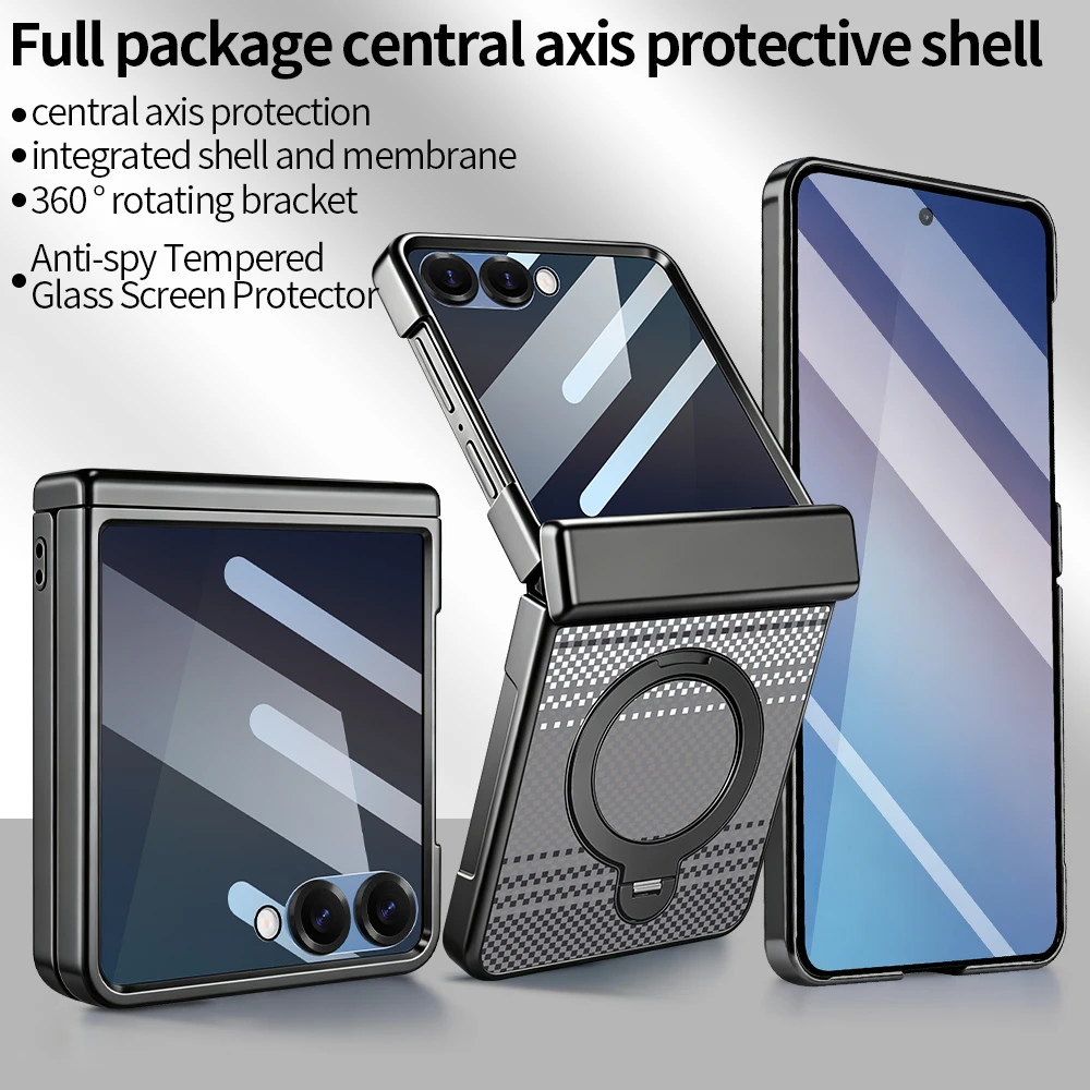 Premium Carbon Fiber Phone Case with 360° Rotating Stand and Privacy Glass Screen Protector