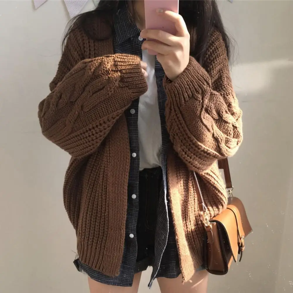 

Women Knitted Coats Sweater Cardigan Thick Solid Color Long Twisted Sleeve Loose Warm Jackets for women chaquetas para mujeres