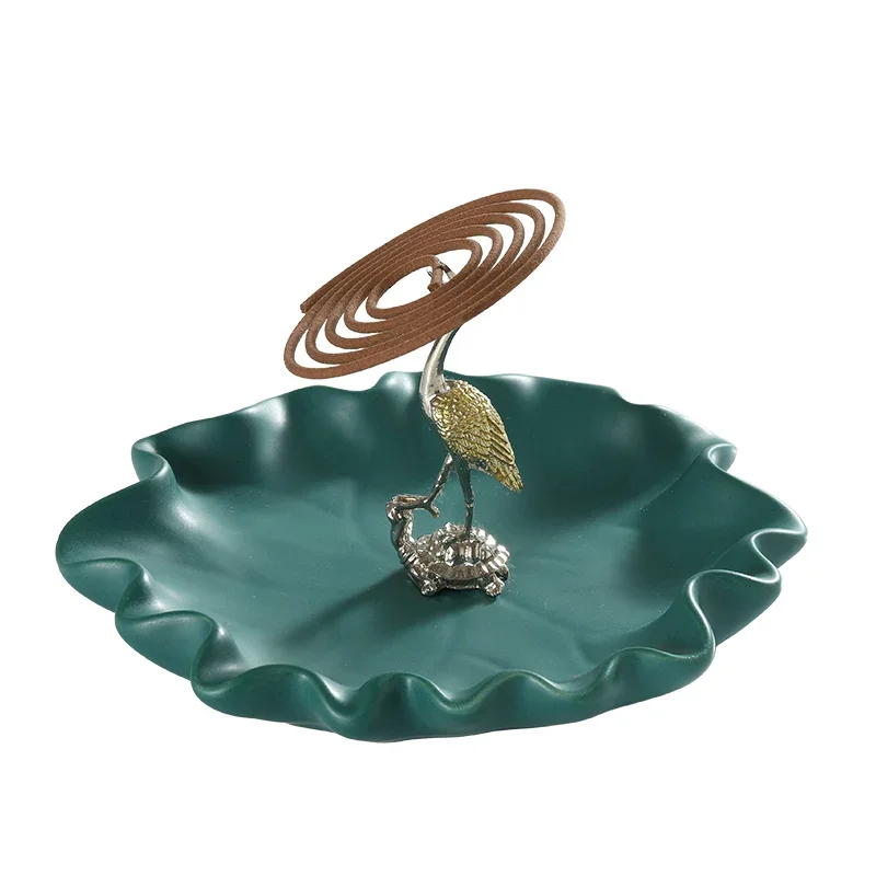 Ceramic Zen Fragrance Incense Burner Lotus Leaf Plate Base Alloy Crane on Turtle Sandalwood Stove Household Indoor Supplies, 1Pc