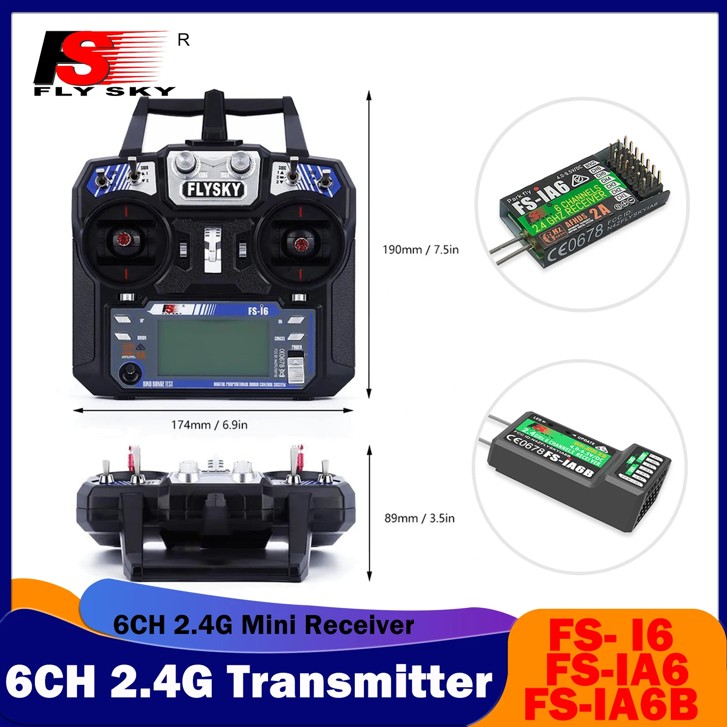 

FLYSKY 6CH 2.4G RC Plane FS- I6 Transmitter Remote Controller FS-iA6 FS-iA6B 6-channel Receiver for Model Helicopter Quadcopter