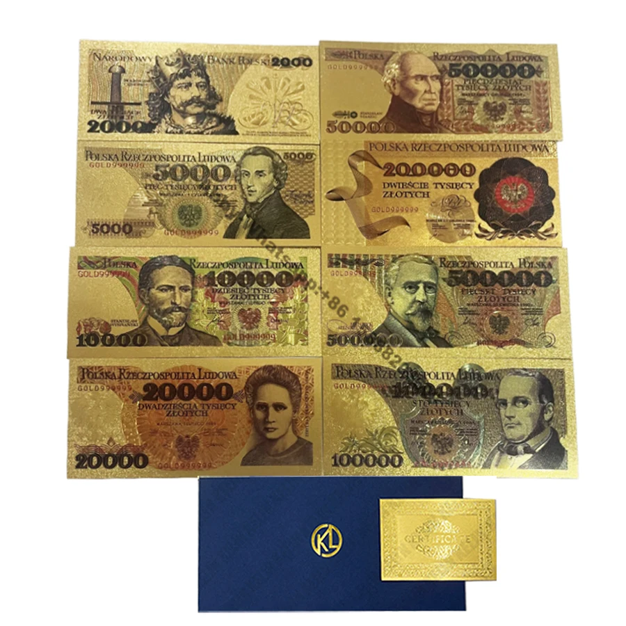 8 types Gold plated Poland Banknotes commemorative banknotes gold plated banknote 2000 5000 10000 20000 50000 100000 200000 500000 PLN dollar for Partriotism Collection
