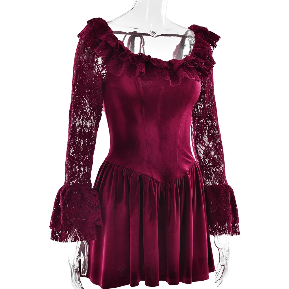 JULISSA MO Patchwork Flare Sleeve Lace Women Mini Dress Sexy See Through High Waist Dress Female Winter New Elegant Party Outfit
