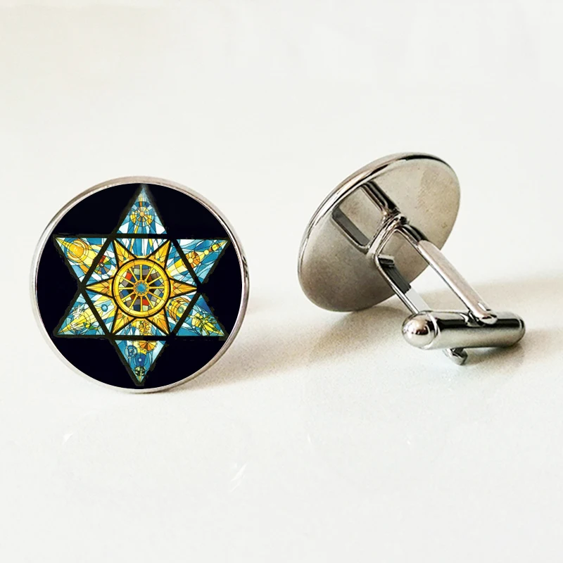 

Magen Star Of David Fashion Men Cufflinks Geometry Pentagram Art Glass Cufflinks Jewish Shield Symbol High Quality Men Cufflink