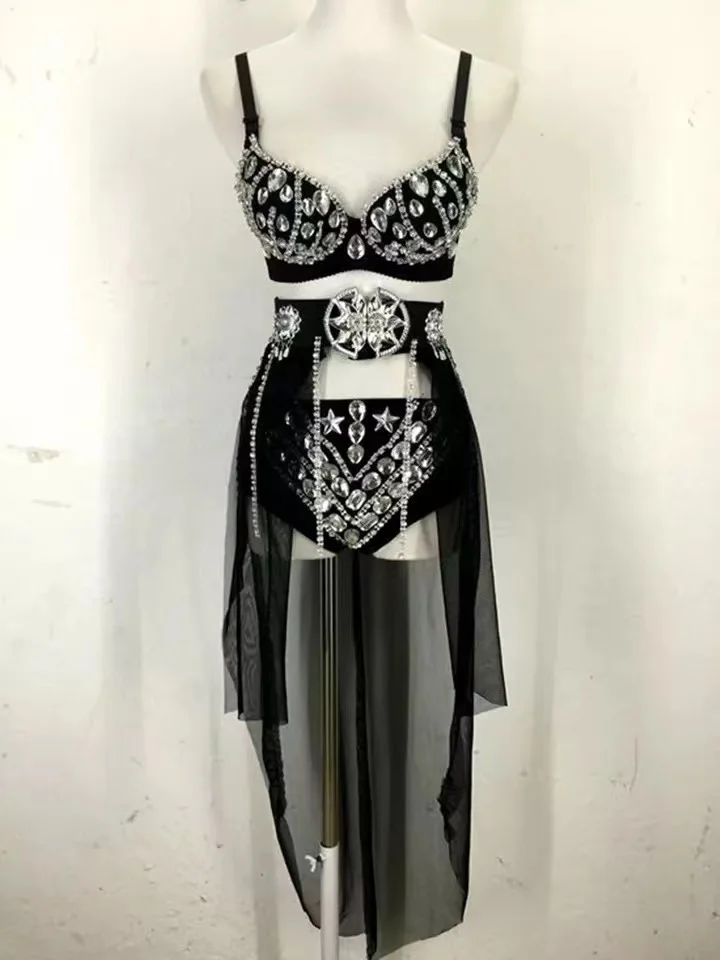 

Black Red White Rhinestones Bikini Trailing Belt Outfit Club Party Women Gogo Performance Wear Nightclub DJ Singer Stage Costume