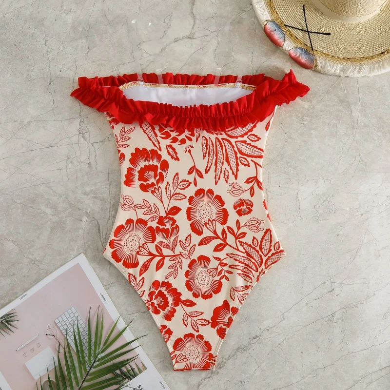 2024New off-Shoulder One-Piece Swimsuit Women's Flying Conservative Hot Spring Swimsuit Mesh Wrap Skirt Suit
