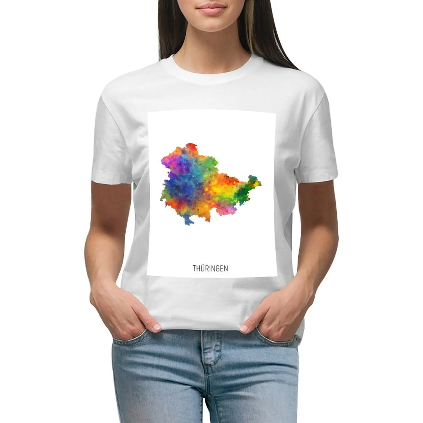 

Thuringen Watercolor Map T-shirt lady clothes anime clothes cropped t shirts for Women