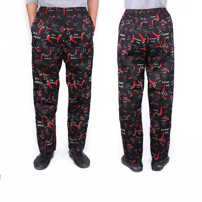 Unisex Fashion Waist Elastic Design Chef Pants Chili Cutlery Kitchenware Pattern Restaurant Canteen Chef Work Pants chef pants chef work clothes