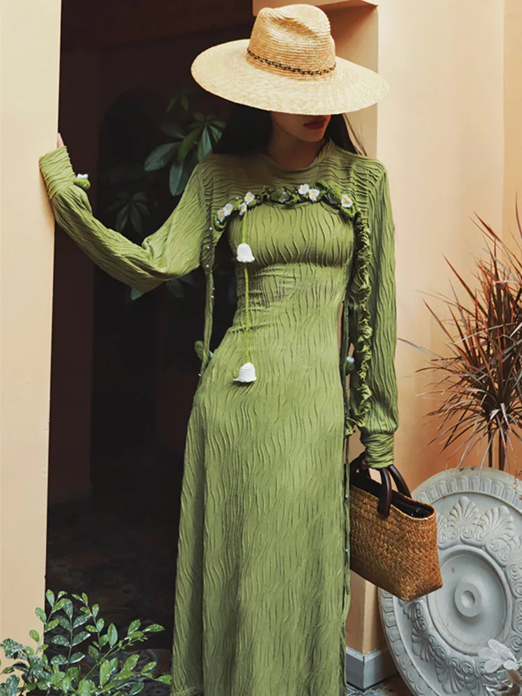AIGYPTOS Spring Fall Dress Women Vintage Elegant Knitted Green Dress Tridimensional Crochet Tassel Knitted Tops+Suspender Dress