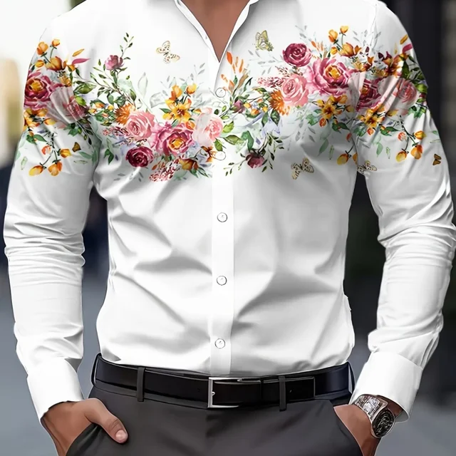 Chemises pour hommes à motif floral papillon de style romantique européen, coupe ajustée de luxe, manches longues, pour le bureau ou les occasions formelles 1