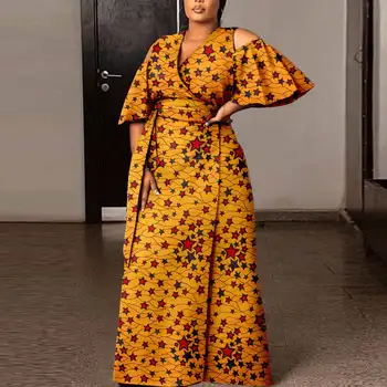 Wumi Flare Sleeve Print Front Slit Dress