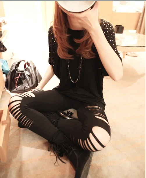 Image of Sexy Leggings Ripped Leggins Women Low Waist Pants Hollow Out Leggings Stretch Dancing Club Street Pants