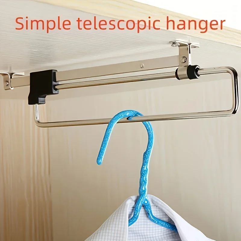 1pc retractable wardrobe hanging rod, drawer style storage rod, adjustable folding metal hanging rail, saving space 5