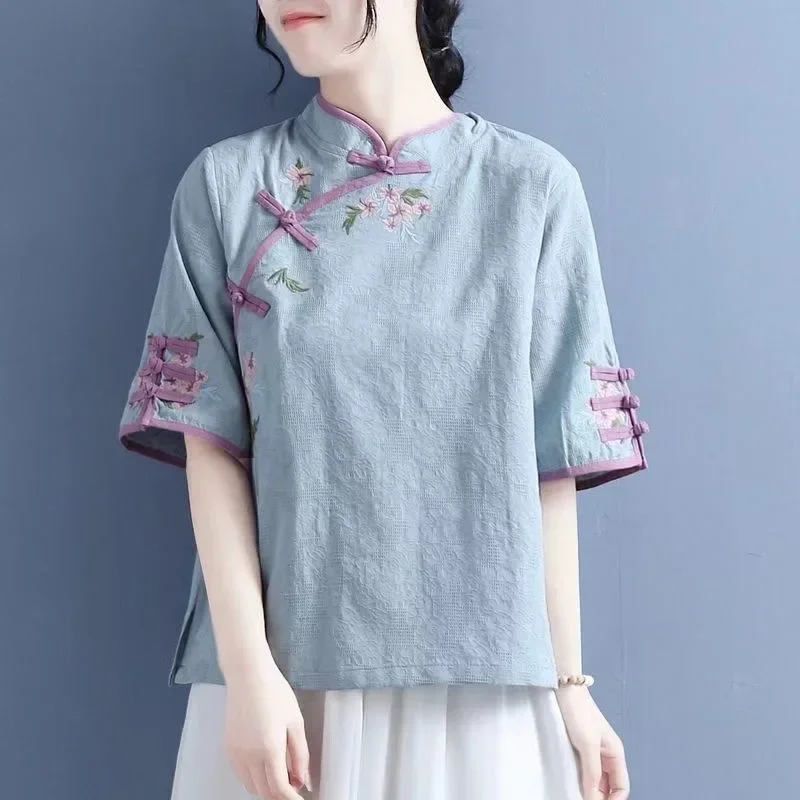 

Summer Chinese Style Zen Tea Clothes Hanfu Cotton Linen Shirt with Embroidered Tang Suit Buttoned Improvements Short Sleeve Top