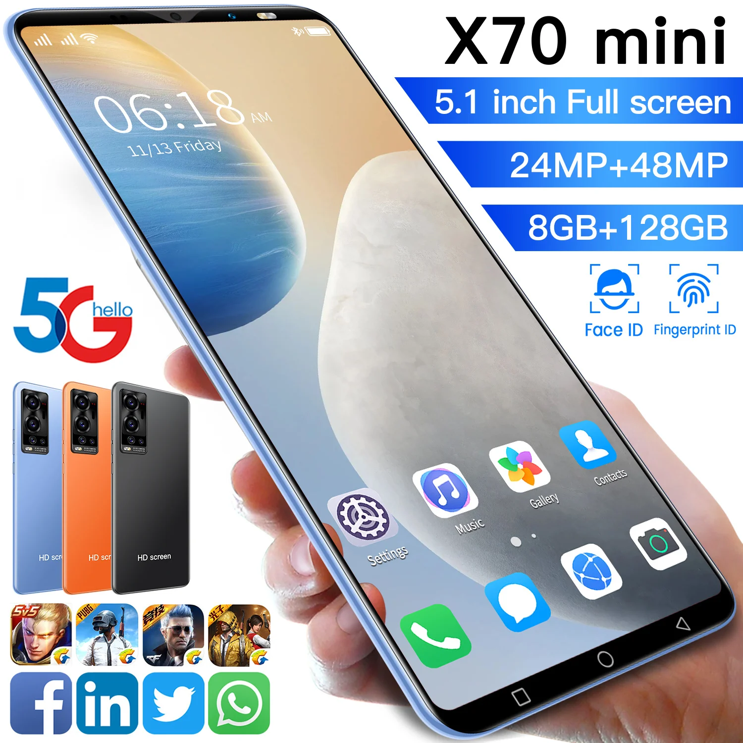 Смартфон X70 Mini 5 1 дюйма 8 + 128 ГБ Android 10 4800 мАч 24 48 Мп |