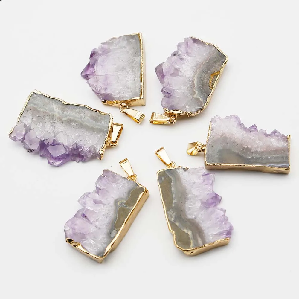 Free Shipping Natural Amethyst Flake Irregular Strip Pendant Gold And Silver Edged Necklace Unisex Charm Jewelry Accessories 6Pc