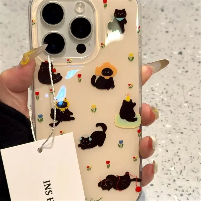 Chic Double-Layer Black Cat Phone Case with Kitten Holder