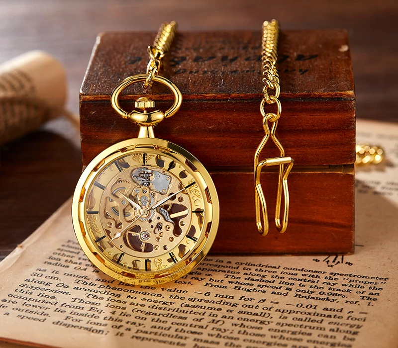 Roman Numeral Mechanical Pocket Watch Luxury Hollow Steampunk Gold Golden Skeleton Fob Chain Clock for Men Women Collection Gift