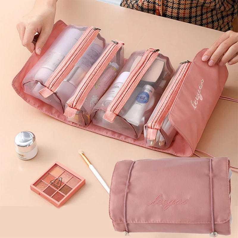 

4 In 1 Foldable Travel Cosmetic Bag Women Mesh Make Up Box Bags Beautician Toiletry Makeup Brushes Lipstick Storage Organizer