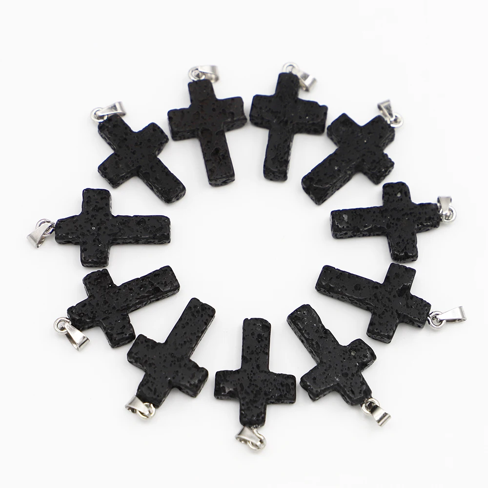 

New High Quality Natural Volcanic Stone Cross Pendants Reiki Charms For Men Women Jewelry Making Wholesale 30pcs Dropshipping