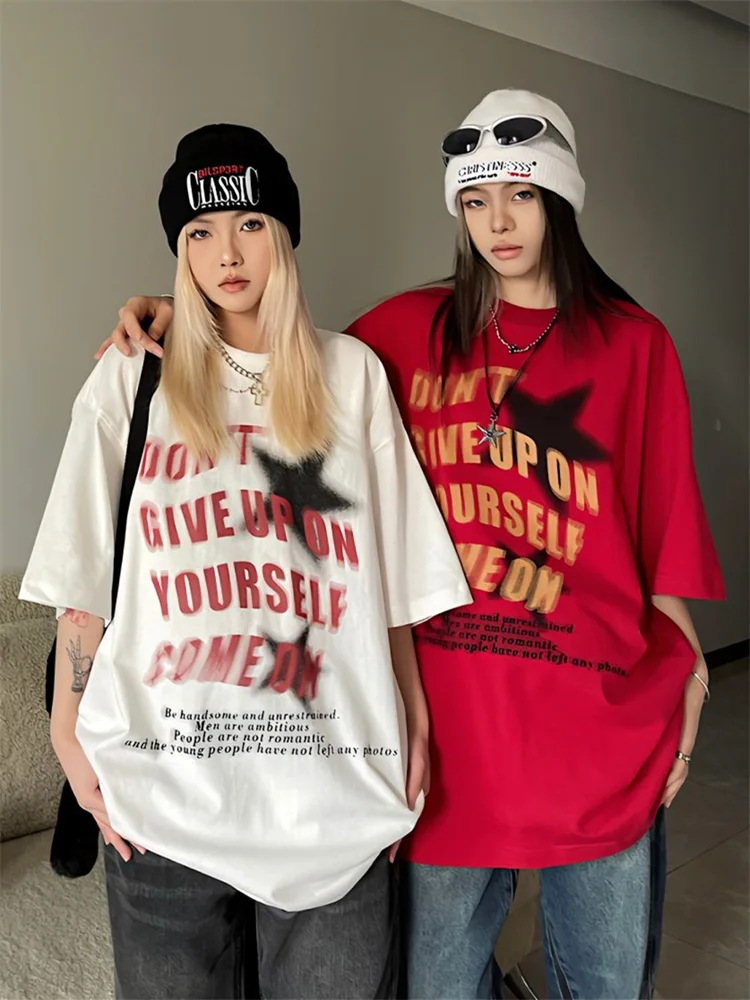

Deeptown Streetwear Hip Hop Red T-Shirt Women Oversize Vintage Letter Print White Tees American Retro Boyfriend Style Summer Top