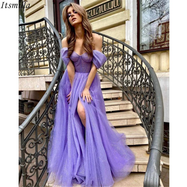 Itsmilla-Vestido largo De noche con hombros descubiertos para mujer, traje  De fiesta Formal, corte en A, con purpurina, violeta - AliExpress