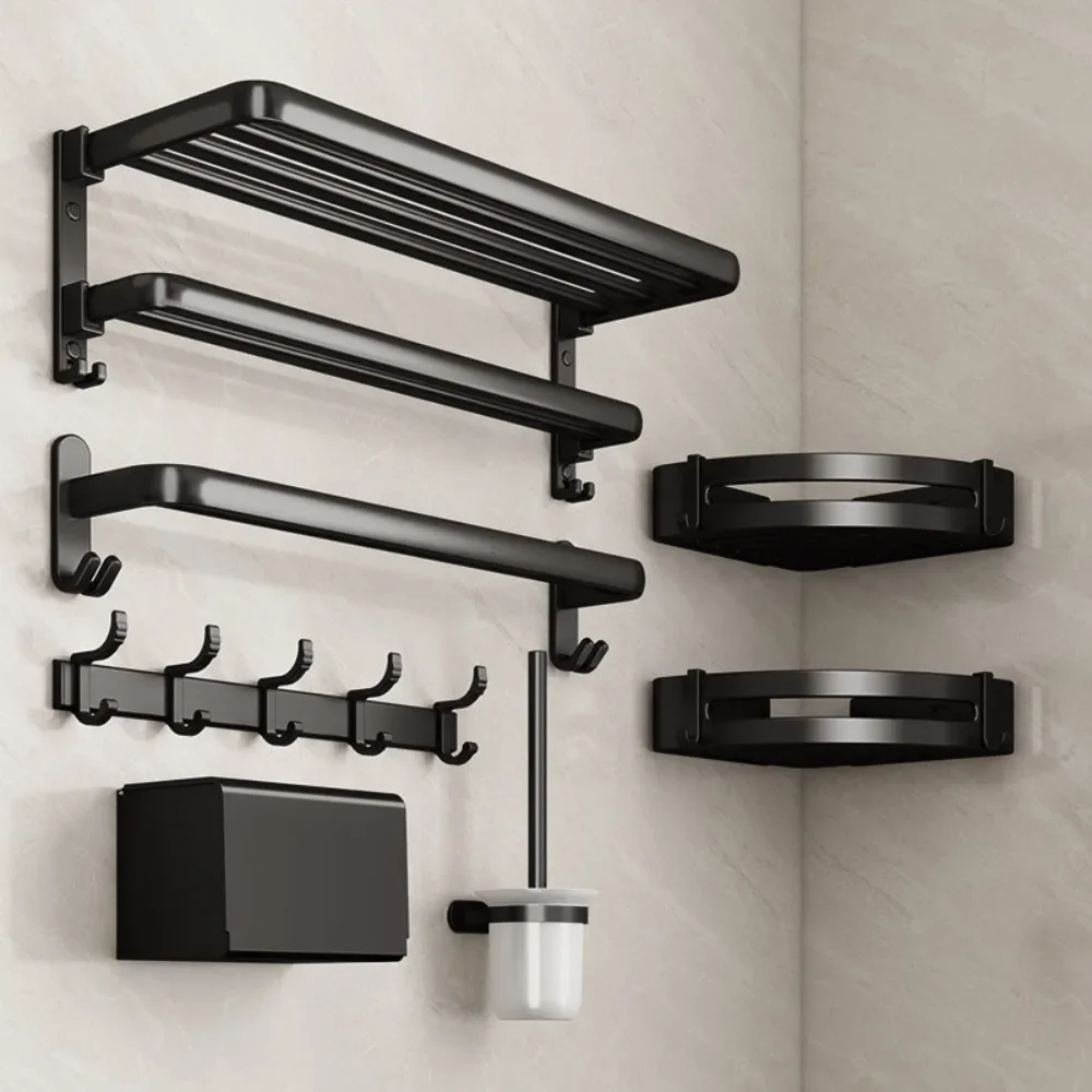 Black Towel Rack 40-60CM Double Folding Movable Bath Holder with Hook Wall Aluminum Shower Bar Hanger Rail Bathroom Accessories,towel rack,towel holder