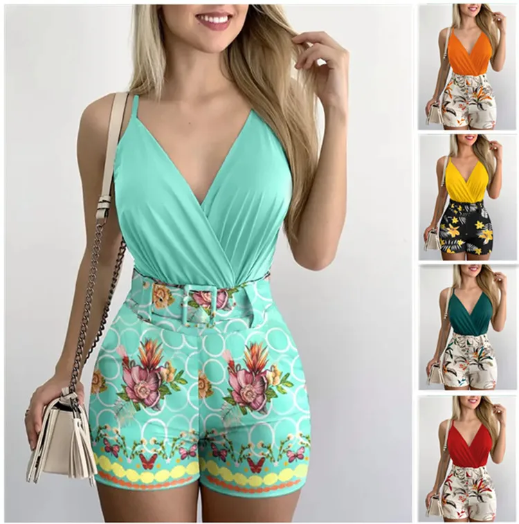 

2023 Summer Sexy Fashion Women V-neck Sleeveless Suspender Vests Prints Shorts Suit with Belt Two Piece Set Women Clothes