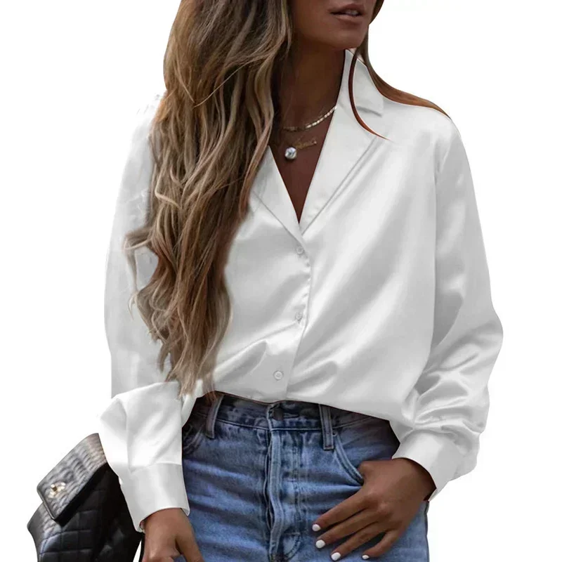 

Women Satin Blouse Autumn Long Sleeve Button Tops Office Lady Fashion Notched Collar Shirt Elegant Blusas Female Clothing 26153