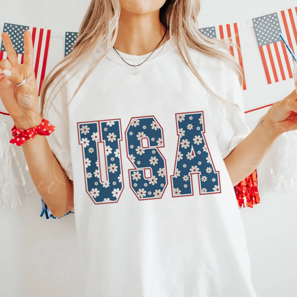 

Short Sleeve Retro 4th of July Fashion Summer Women Print T Shirt Female Casual Top Tshirts Cartoon Graphic Tee T-Shirt