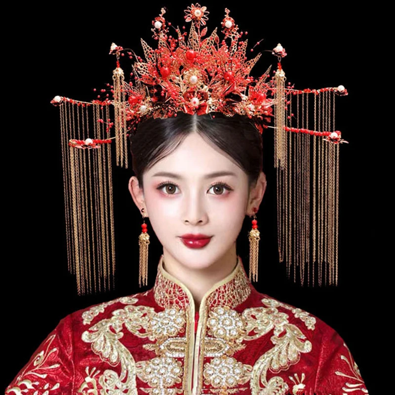 Retro Chinese Headdress Crown Headband Catwalk Stage Wedding Hair Accessories Pearls Beaded Tassel Tiaras Earring Hair Jewelry jewelry accessories hair accessory hair headdress bridal headwear hair band crown