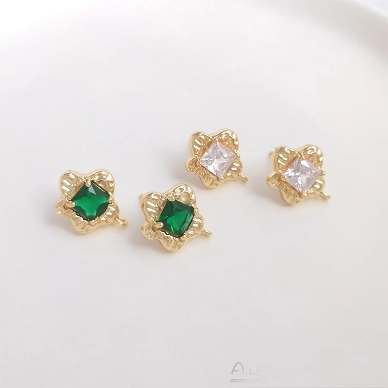

14K Gold Plated Brass Flower Earring Stud with Green/White Zircon for Earring Jewelry Making Supply