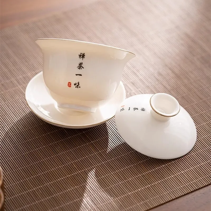 Sheep Fat Jade White Porcelain Covered Bowl, Single Kungfu Tea Bowl with Lid, Sancai Large Tea Cup, Dehua Ceramic Home Set