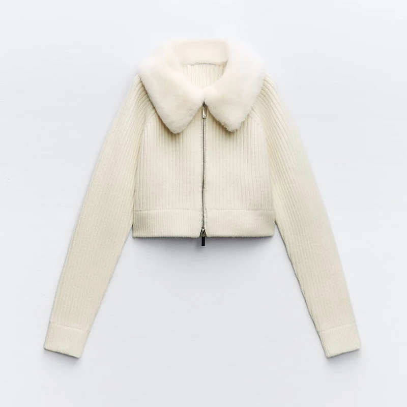 

2024 Autumn Winter New Women Lapel Collar Faux Fur Knitted Cardigan Cropped Flim Fit Sweater Long Sleeves Zip Chic Casual Coat