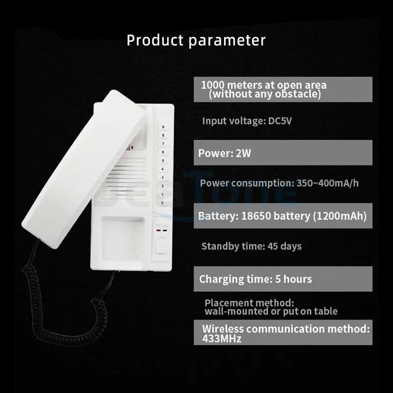 JeaTone 2.4GHz Wireless Recharged Audio Door Phone Intercom System Secure Interphone Handsets for home warehouse office