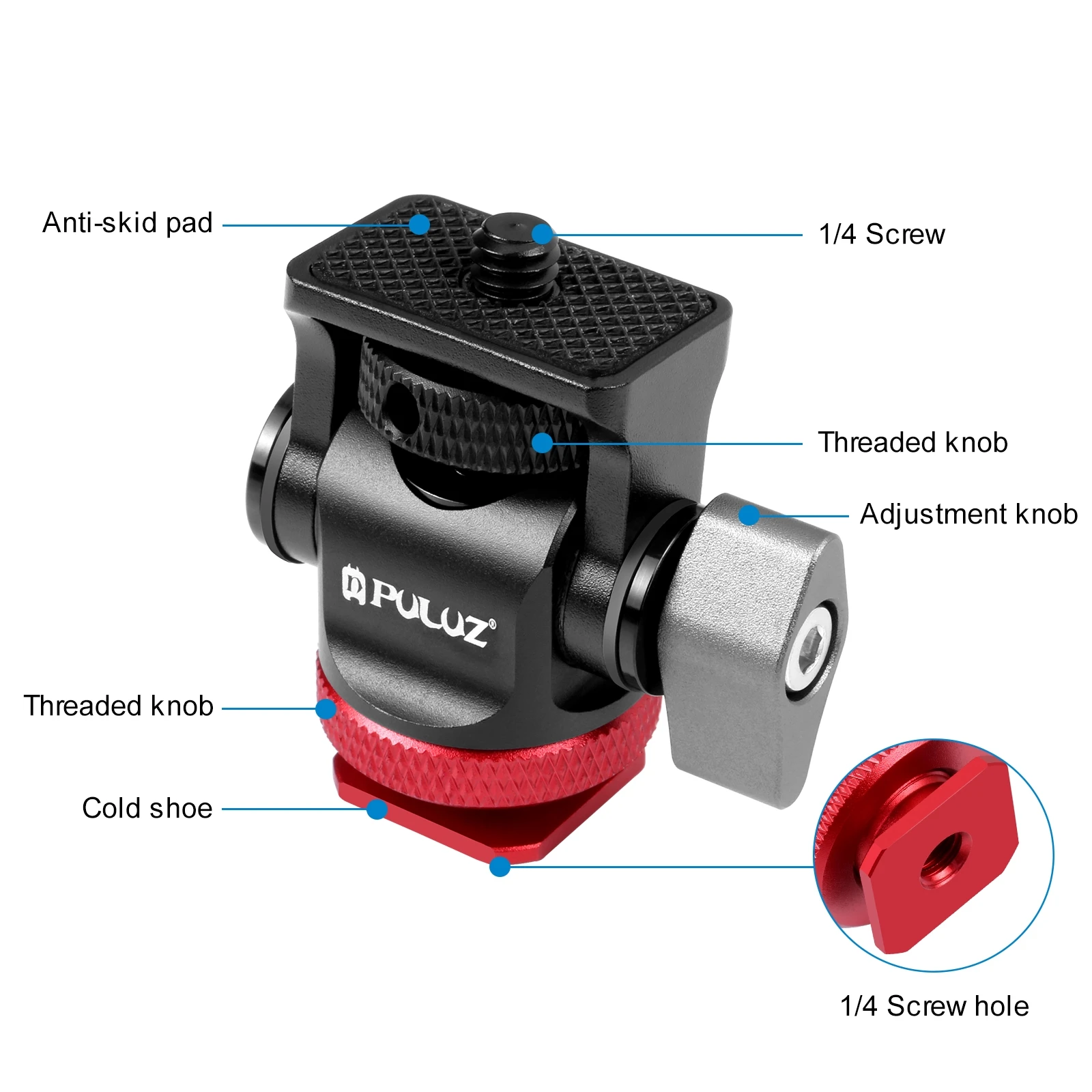 PULUZ Mini 180 Degree Swing Tripod Ball Head Cold Shoe Mount Adapter with 1/4 Screw for Monitor/ Video Recorder/ Camera/ Phone