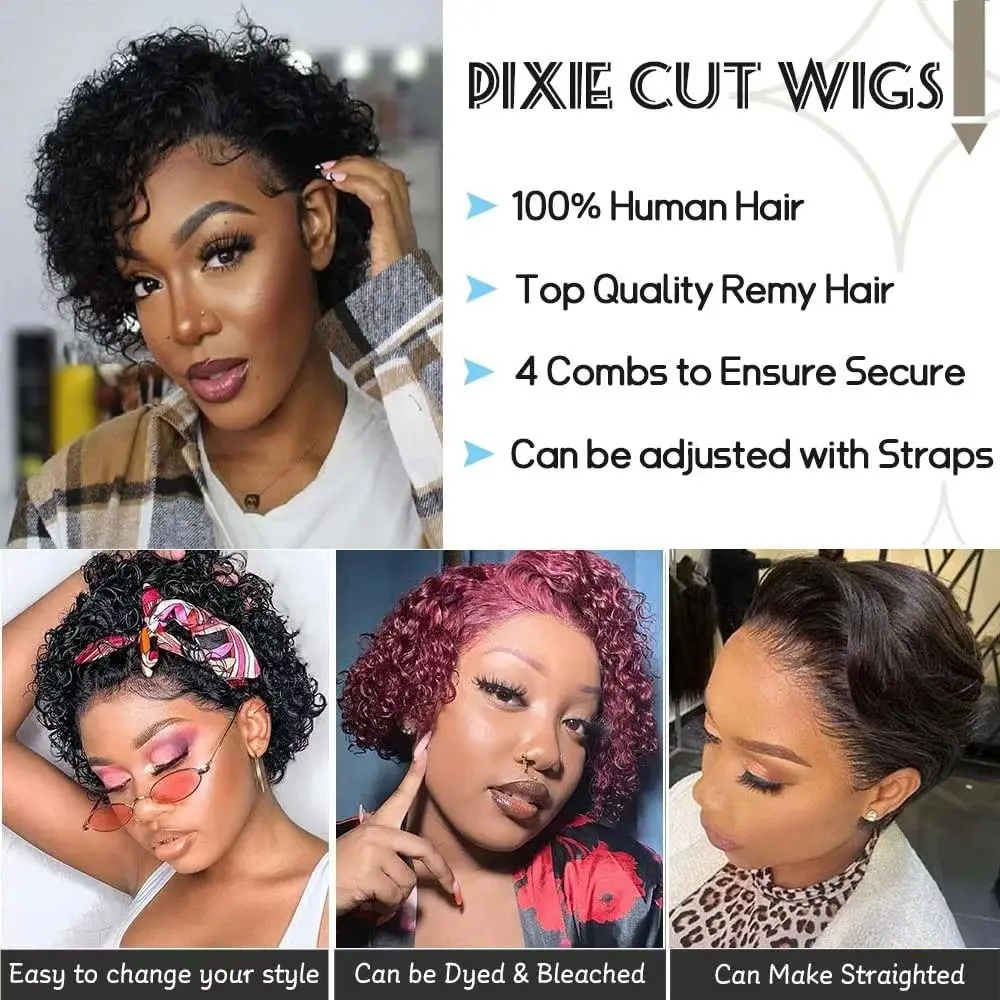 Parrucche in Capelli Umani Birmani per Donne di Colore, Parrucche Afro Ricce Pixie Bob Corte con Attaccatura Pre-Rifinita, Parrucche Bob con Onde d'Acqua e Frontale in Pizzo 13X1 - immagine 5