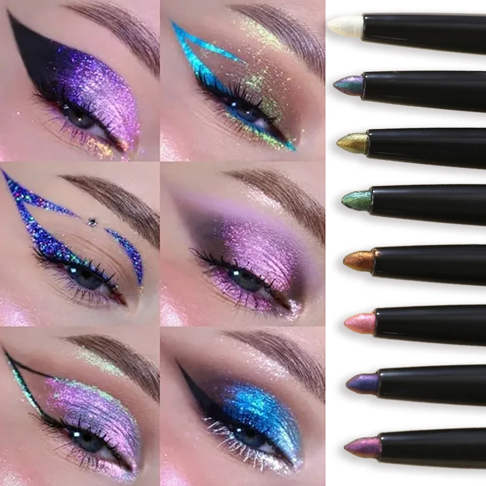 Perlmuttfarbener Aurora-Eyeliner-Stift, wasserfest, blau-violett, diamantglitzernder Lidschatten, metallisches Chrom, liegende Seidenraupe, Augen-Make-up_voghion.com