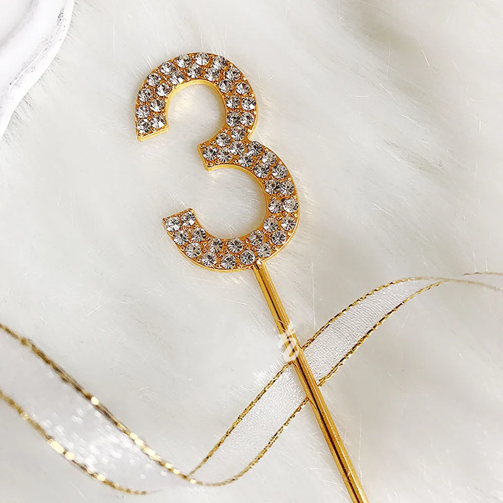 1PC Number"0-9" Cake Topper Gold Diamond-studded Cake Topper for Dessert Anniversary Birthday Party Decoration Wedding Supplies