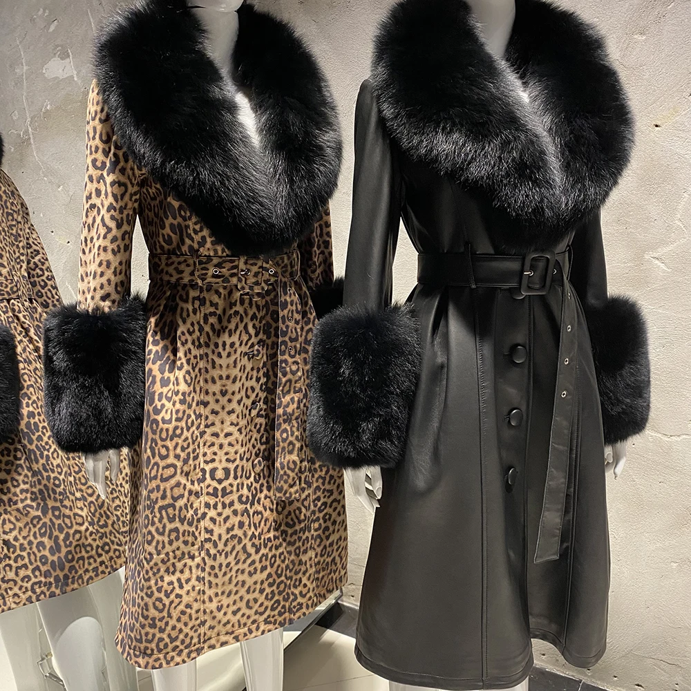 Fox Fur Trench Coat With Fur Collar And Cuffs Womens Faux