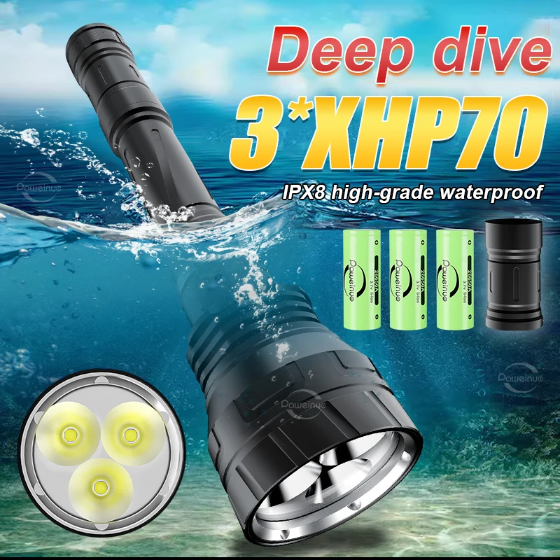 New 3*XHP70 Professional Diving Flashlight Rechargeable Diving Torch Underwater 100M IP8 Super Waterproof Underwater Lantern