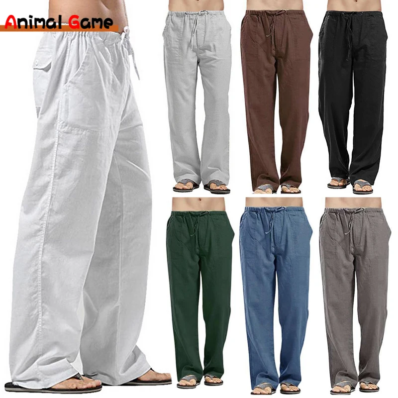 Pantalon De Jogging Confortable En Coton Et Lin Pour Homme - Coupe Ample - Cordon De Serrage - Taille élastique - Pantalon De Yoga - Pantalon De Plage Respirant Avec Poches, Bleu, M