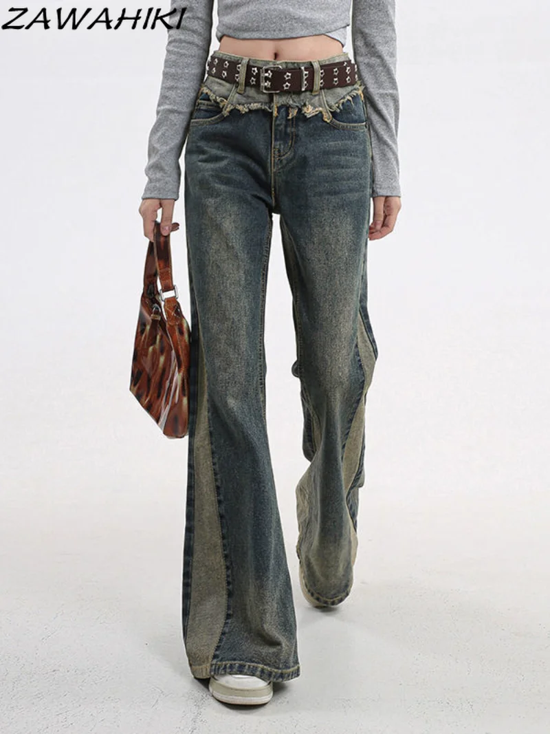 

Chic Designed Grayed Patchwork Loose Jeans Women American Retro Y2K Aesthetic Harajuku Streetwear Wide Leg High Waist Denim Pant