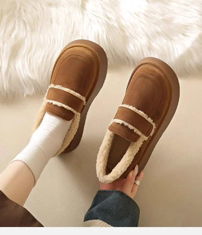 Women's Thick Soled Snow Boots Autumn Winter Plush Boken Shoes Retro Height Increasing Warm Anti Slip Cotton Shoes Loafers