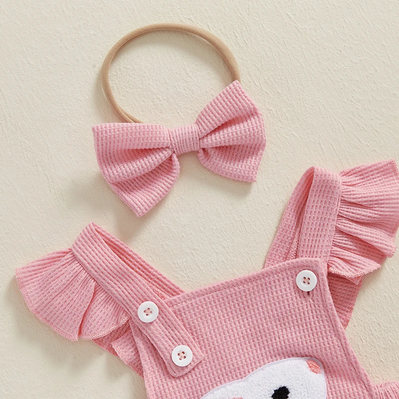 Newborn Baby Girl Easter Outfit Carrot Embroidery Romper Waffle Ruffle Bodysuit Headband Summer Outfit 0-18M 5