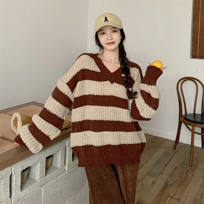 

2022 New Color Contrast Stripe Loose Long Sleeve Knitted Women's Slouchy Vintage V-Neck Slim Sweater Free Shipping