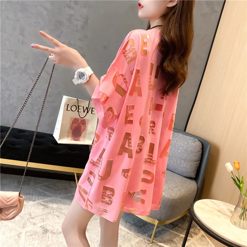 여성용 반팔 레터 할로우 아웃 티셔츠, 여성용 얇은 루즈 티셔츠, 하라주쿠 스트리트웨어, 섹시 핑크, 0606 네온 옐로우