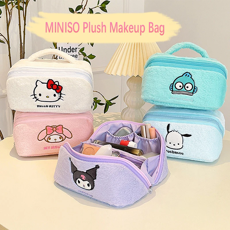 

MINISO Anime Kawaii Hello Kitty Kuromi Cartoon Plush Cosmetic Bag Cute Girly Heart Large Capacity Storage Handbag Girl Gift